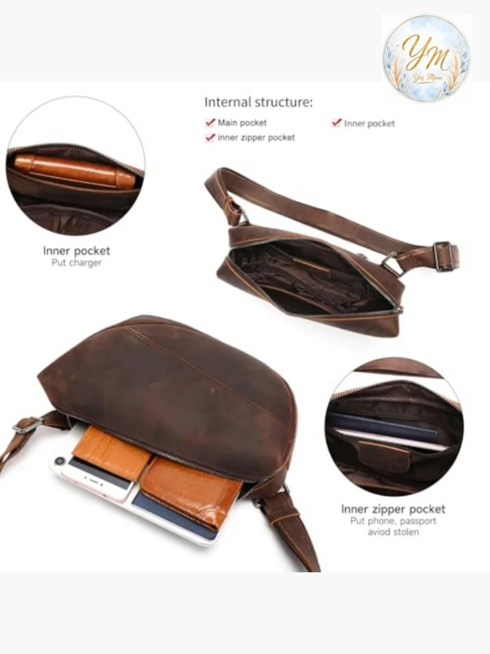 Genuine Leather Sling Bag Crossbody Purse Chest Daypack Hiking Travel